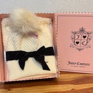 Juicy Couture Beanie Scarf Set Cream Ivory Winter Knit Pom Pom Gift Box Y2K